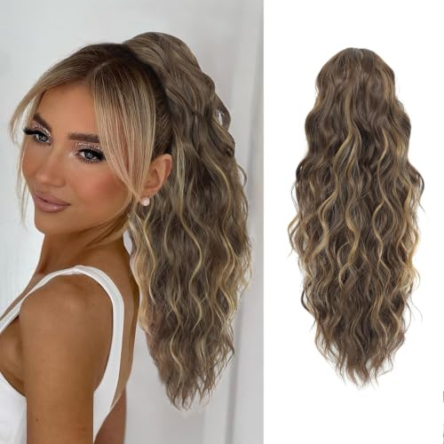 FINE PLUS Ponytail Extension, Claw Clip in Ponytail Hair Extensions Synthetic 18inch Curly Wave Hair Pieces for Women Light Brown with Highlights
