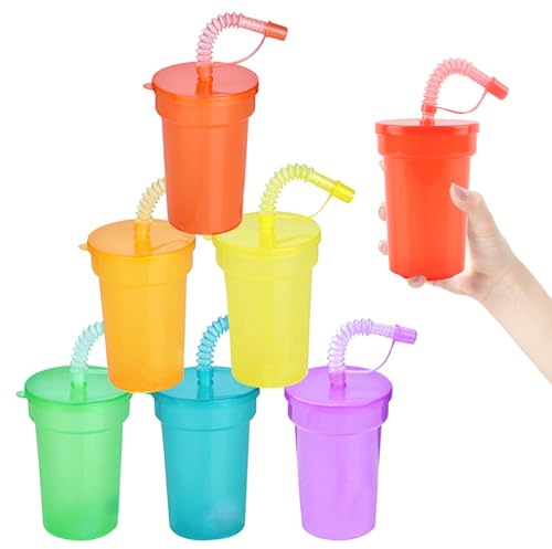Shallyong 6 Pezzi Bicchieri di Plastica con Coperchio e Cannuccia - Colorati Tazze per Bambini Feste, Riutilizzabili