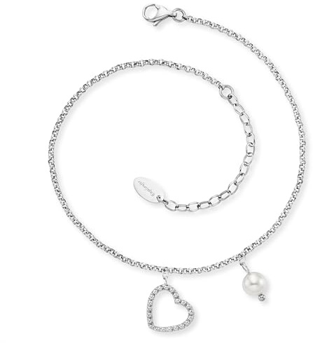 Engelsrufer Damen Fußkettchen aus Sterling Silber mit Herz Anhänger und Perle - Karabinerverschluss - in zwei Längen verstellbar - nickelfrei - Größe: 22+5cm