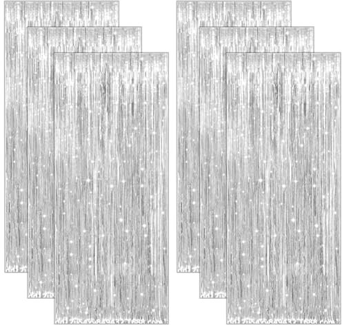 6 Pcs Cortina Metálica Cortinas de Oropel Metálico Foil Fringe Cortinas Fiesta Cortina De Flecos Decoracion Cortina Flecos Metálica Cortinas 1 x 2 m para Decoraciones Boda Fiesta de Cumpleaños Plata