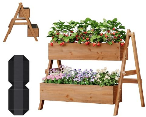 WOLTU Fioriera Rialzata con Scaffale a Gradini 2 Livelli, Vasi Integrati per Piante, Ideale per Interni/Esterni su Terrazzo, Balcone e Giardino, Legno 80x62x68 cm, Marrone