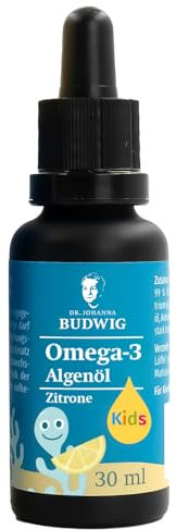 Dr. Budwig Premium Omega 3 Algenöl Kids Zitrone Tropfen (30ml) - 238mg natürliches DHA - Vegan - Für Kinder ab 4 Jahren - laborgeprüft - flüssig - ohne Fischgeschmack