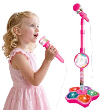 Microfono per bambini, asta per microfono con asta karaoke per bambini con supporto, microfono da pavimento, microfono per a partire da 3, 4, 5, 6, 7 anni, per ragazze e ragazzi (Rosa)