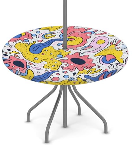 Woltant Nappe ronde avec trou de parasol et fermeture éclair facile à nettoyer avec bords élastiques - Protection de table d'extérieur pour jardin, terrasse, barbecue (graphique abstrait de dessin
