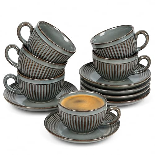Erkundpresso. Espresso koppset med fat (6 x 100 ml) – espressomuggar, set med 6 stengods – tjocka väggiga kaffekoppar med handtag – handgjorda barista-kaffekoppar – cementgrå