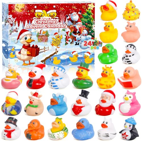 CYJJYZ Calendario de Adviento Patos 2025, 24 Patos de Goma Navideña, Juguetes de Baño, Patitos De Goma Navideña Divertidos, para Niños, Niñas Regalos Navideños, Fiesta Decoración