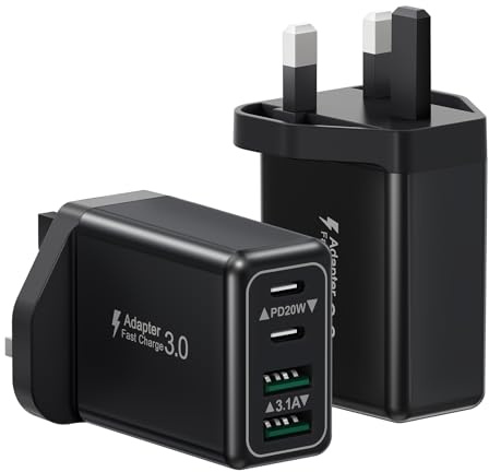 2-Pack USB C Plug, 40W 4-Port Multi USB Plug UK Fast Charger Dual PD Power Adapter +QC Multiport Charge Head Mains Type C Charging Plug for iPhone 17 16 15 14 13 12 11 Pro Max Plus, Samsung, iPad