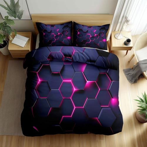Parure de Lit 90 x 200 cm Housse de Couette 2 Pièces, Noir Douce et Respirante Carreaux Hexagonaux Géométriques en Nid d'abeille Parure de Lit avec Fermeture Éclair, 2 Taies d'oreiller