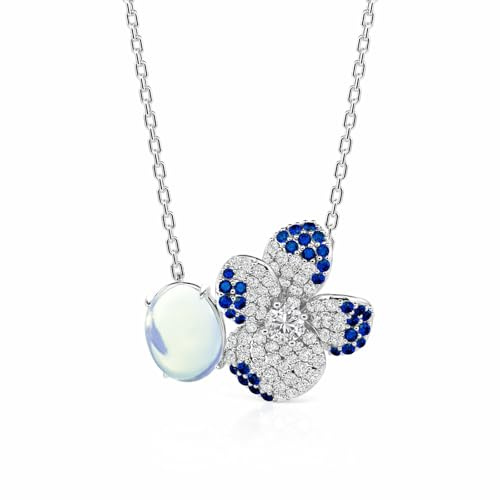 Damen Halskette Mondstein Zirkonia Blumenkette Stiefmütterchen Blumen Silberkette Rundschliff Stein Panzerkette mit Anhänger Kette Verstellbar Halskette für Frauen Mädchen Geschenk (Saphirblau)