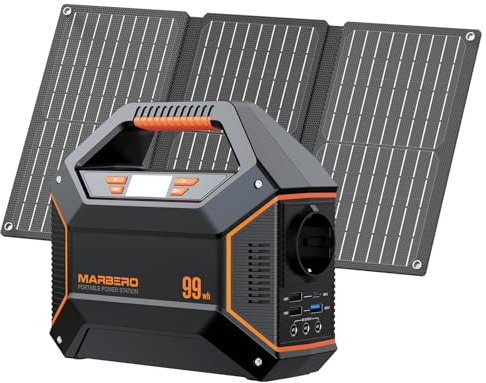 MARBERO Tragbare Powerstation 99Wh 150W mit 30W Solarpanel für Camping | Tragbarer Generator mit AC/Auto/USB & LED. 30W Falt-Solarpanel inklusive. Ideal für Camping, Notstrom & Off-Grid