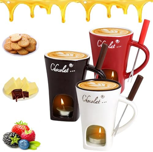 Chocolate Melting Cup, Ceramic Chocolate Fondue Mug, Chocolate Fondue Set Includes Forks and Candles, Fondue Mug Chocolate Melting Cup Cookware Candy Hot Pot, for Candy Snack Caramel Chocolate (Mix*3)