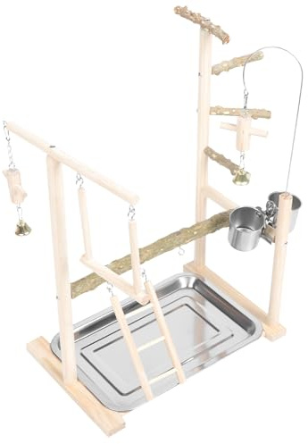 DIKACA Parrot Stand aus Natürlichem Holz mit Leiter und Schaukel Vogelspielplatz Koordination und Balance Sicher Polierte Sitzstange für Wellensittiche und Papageien Interaktives für