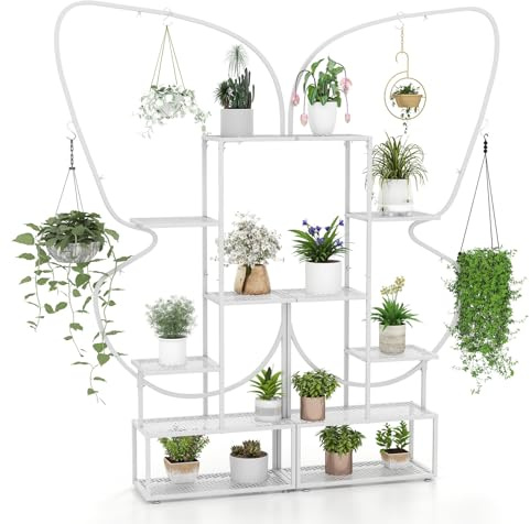 RELAX4LIFE 6-stufiger Pflanzenständer, Schmetterlingsförmiges Metallregal mit 12 Regalböden, 4 Haken, Kreatives Leiter-Ausstellungsregal für drinnen und draußen, Wohnzimmer, Büro (Weiß)