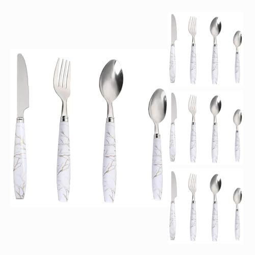 Ensemble de Couverts en Acier Inoxydable avec Manche en marbre ABS, Comprenant Un Couteau à Steak, Une Fourchette, Une cuillère et Une cuillère à café (Blanc, 16 pièces).