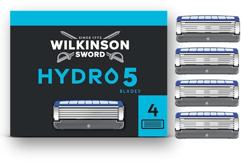 Wilkinson Sword Hydro 5 mäns rakhyvlar blad, ersättningsbladpaket mäns rakapparat, hudhydrering, kolbelagda blad, 4 ersättningsblad