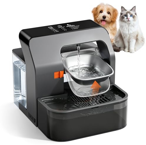 Trinkbrunnen für Katze Kabellos ohne Filter, 3,2L Katzenbrunnen mit Zeitgesteuertes Drehtablett, Akku 2200mAh (180 Tage Laufzeit), Trennung von Frisch und Abwasser, Wasserspender Katze Edelstahl,Leise