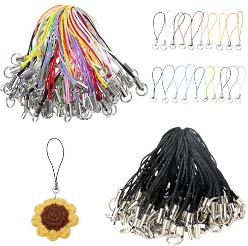 YEDOUALE 200 Pezzi Cinturini per Telefono con Anello 8 mm, 100 Neri + 100 Multicolore, Cordoncini in Nylon con Moschettone per Ciondoli, Portachiavi, USB, DIY