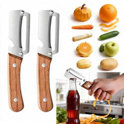 OLYGEE 2-in-1 Multifunctional Peeler for Kitchen, Wooden Handle with Bottle Opener, Premium Stainless Steel Vegetable and Fruit Peeling Tool (2pcs)