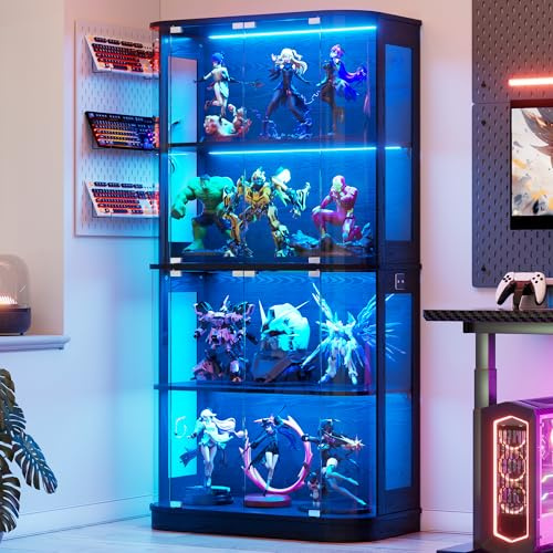 MSFE Gerundet Glas Vitrinenschrank mit LED, Schaukasten Vitrine mit Intelligente Sensorik, 4 Lagen Glasvitrine Staubdicht,Sammlervitrine Schwarz, für Wohnzimmer, Schlafzimmer Büro