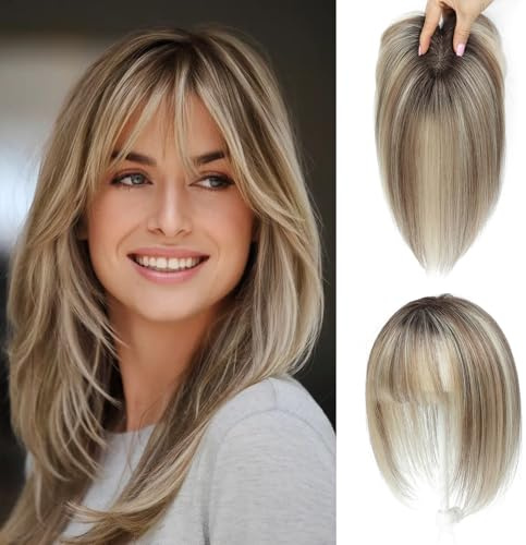 Echthaar-Topper für Frauen, Natürliche Echthaar Haarteile bei dünnem Haar, Damen Topper mit Pony, 10 Zoll zur Abdeckung grauer Haarpartien (Ombre Light Brown with Blond Highlight)