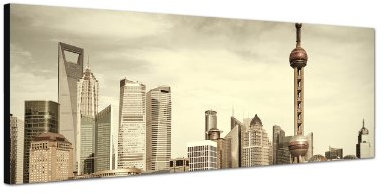 Augenblicke Wandbilder Keilrahmenbild Wandbild 150x50cm Shanghai Skyline Wasser Boot Steg