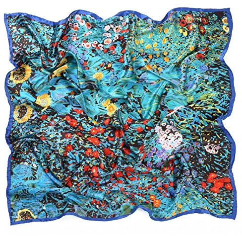 Prettystern Gustav Klimt Van Gogh XXL sidenduk handroulerad, Gustav Klimt – gårdsträdgård med solrosor, 100 cm X 100 cm