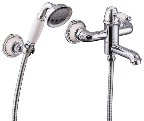 PaulGurkes Wannset Retro Nostalgie Aufputz mit Keramik Bordüre und Umsteller Handbrause und Halter massives Messing hochwertig verchromt Einhandmischer 150cm Edelstahl Brauseschlauch
