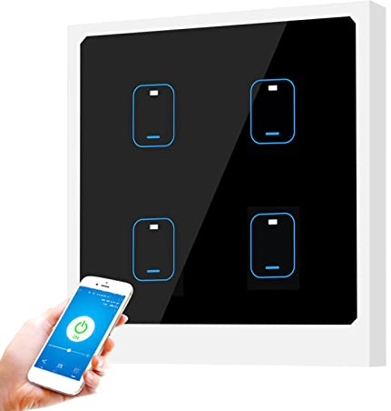 Intelligenter WiFi Lichtschalter, Smart Touchscreen Schalter 4Weg Kabelloser Wand Lichtschalter, APP Wall Switch Fernbedienung Sprachsteuerung, Kein Hub Erforderlich