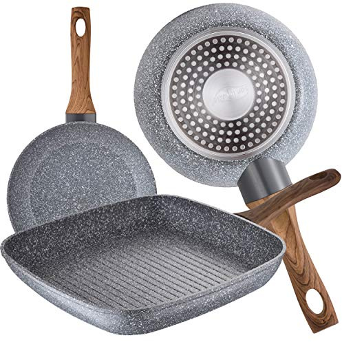 San Ignacio Pack 2 Ø18 y Ø20 + Sartén Grill Asador 28x28, Aluminio Forjado, aptas para induccion de la colección Daimiel, Gris