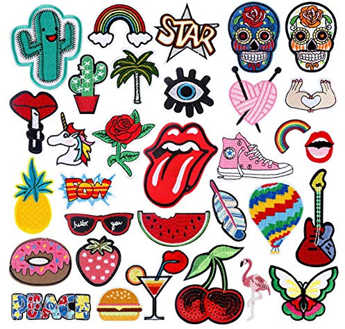 Copiel Patches zum Aufbügeln, 32 Stück Patch Sticker, DIY Kleidung Patches Aufkleber Stickerei Applikationen zum Nähen oder Aufbügeln für T-Shirt Jeans Kleidung Taschen