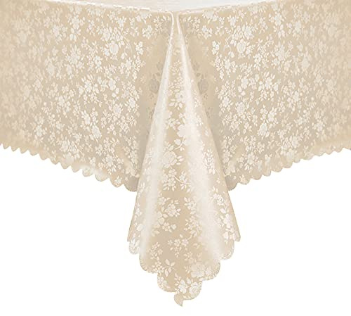 Romanstile Vinyl Tablecloth Rectangle, 100% Waterproof Outdoor Heavy Duty Thick Table Cloth with Flannel Backing, Wipeable Plastic PU Table Cover for Picnic Dining Party (Rose Beige, 60 x 84)