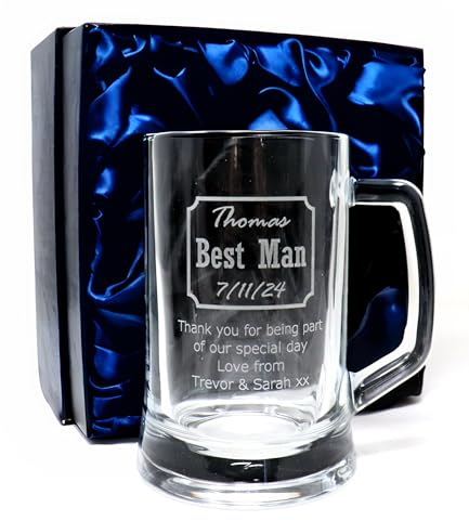 Regalo Personalised Engraved Pint Glass Tankard - Wedding Design for Best Man, Father of the Bride, Groomsman & Usher | Custom Laser Engraved with Name & Date | Holds 1 Pint (Silk Lined Gift Box)