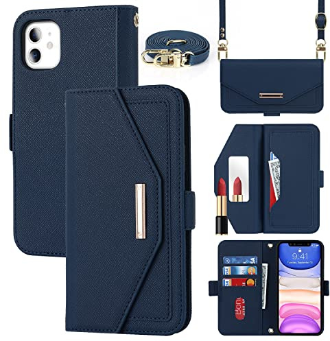 CAVOR Handykette Handyhülle kompatibel mit iPhone 11 Hülle Mit Band,Flip Leder Geldbörse Handyhülle,[Spiegel][5 Kartenfach][Magnetisch],Klapphülle Handytasche zum umhängen - Blau