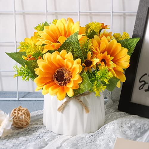 VINFUTUR Kunstblumen Sonnenblumen Künstliche Blumen Sonnenblumen mit Vase Deko Blumenstrauß Seidenblumen für Hochzeit Home Blumenarrangements Tischdeko