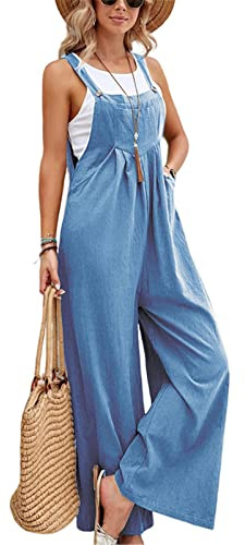 SotRong Dungarees for Women Uk Wide Leg Jumpsuit With Pocket Casual Sleeveless Strappy Culottes Bib Overall Loose Fit Baggy Fit Hippie Playsuits Summer Boho Romper Light Blue S