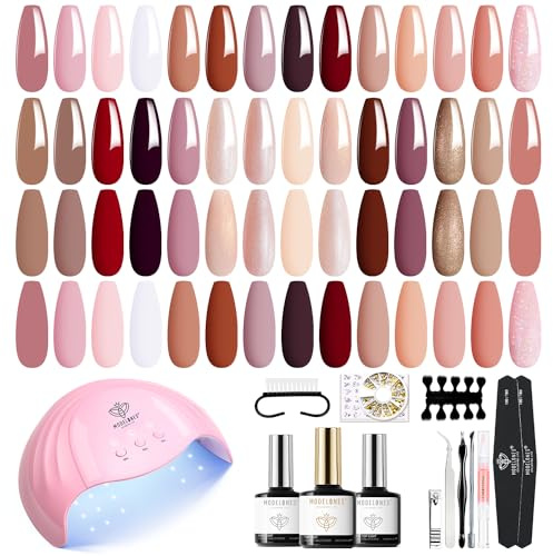 Modelones Gel Nail Kit, 28 Colors Nude Brown Pink Red Soak Off Gel Nail Polish Set with Lamp Starter Kit No Wipe Base & Top Coat Diy Nail Curing Gift For Women