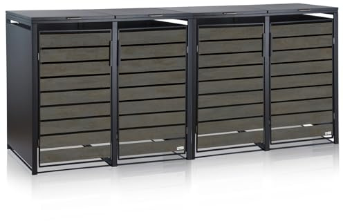 Zelsius Mülltonnenbox 4 Tonnen | 120-240 Liter | Anthrazit RAL 7016 | Tür in dunkelgrauer Holzoptik inkl. Erweiterungsmöglichkeit | Aufbewahrungsbox für Mülltonnen, Mülltonnenbox 4er