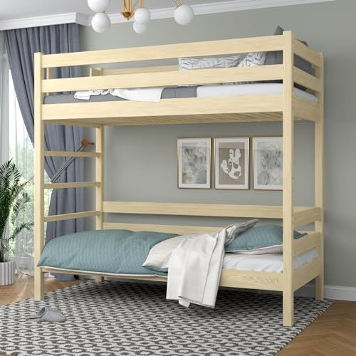 N-Wood N03 Etagenbett Holz 80x200 cm, Jugendbett, 2 Leitermontageseiten: Links oder rechts, einfache Montage, Stabile Massivholzkonstruktion, inklusive Lattenrost, Kiefer klar