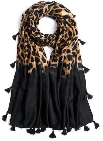 QIUTIMIY Scarf for Women Lightweight Soft Leopard Printed Scarves Fall Winter Fashion Shawl Wrap with Fringe(Leopard Black)