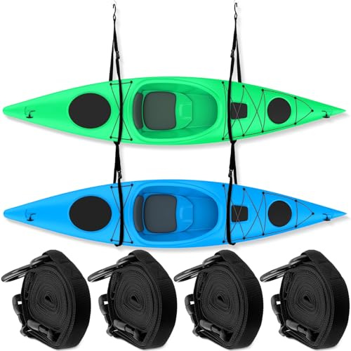JaGely 4 Pcs Double Kayak Storage Straps System Adjustable Wall Hanging Storage Strap Kayak Hoist Sling with 4 Hook Bolt Kayak Storage Rack for Surfboards Paddleboards SUP Canoe