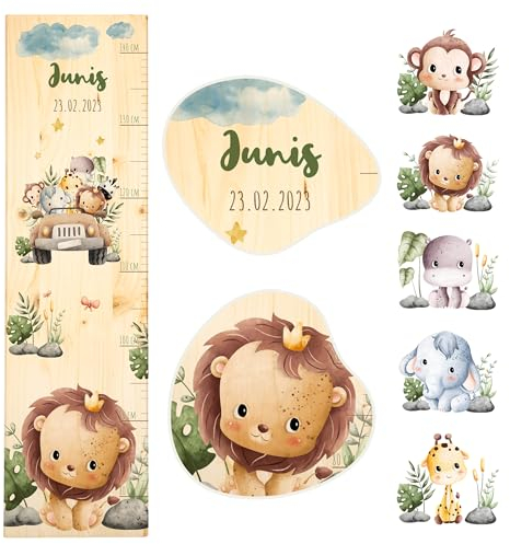 Geschenkfreude Messlatte Kinder personalisert 80-140cm - mit Safari als Dekoration fürs Kinderzimmer - personalisierte Messlatte Kinder Holz - Geschenk Geburt Mädchen und Junge