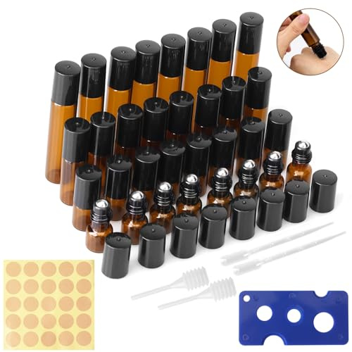 WYTNB 32 Rellenable Perfume Roll on Con, 2/3/5/10ML Roll-on Para Aceite Esencial, Botellas de Vidrio ámbar con Bola, Marrón Botellas Roll On Cristal uso Para El Cuidado Corporal y Facial