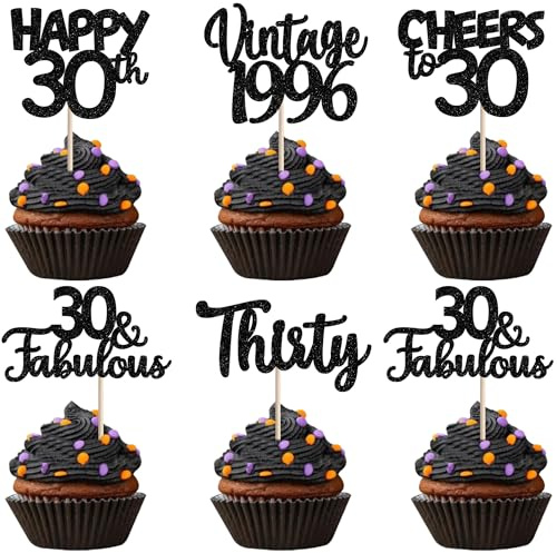 SYKYCTCY 30 Pack Happy 30th Birthday Cupcake Toppers Glitter Thirty Vintage 1996 Cupcake Picks Cheers to 30 Fabulous Cake Decorations for 30th Birthday Wedding Anniversary Party Supplies Black