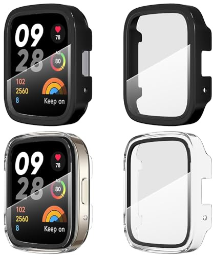Diruite 4 Piezas Funda para Xiaomi Redmi Watch 3 Active/3 Lite Protector Pantalla Cristal Templado Incorporado,HD Ultradelgado PC Dura Carcasa Protector para Xiaomi Redmi Watch 3 Active/3 Lite Case