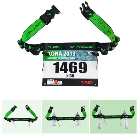 Triathlon - Fascia per numero di partenza con portatarga e 6 supporti Softflask o gel per jogging, ciclismo, maratone, Nero , taglia unica, Nastro elastico con supporti in gel