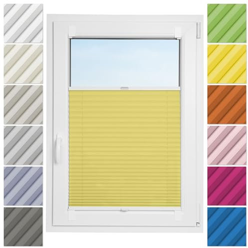 Estika Plissee ohne Bohren zum Kleben - 130cm Brite x 150cm Höhe - Gelb - Selbstklebende Montage, Modern sichtschutz für Fenster, Jalousien Fenster ohne Bohren