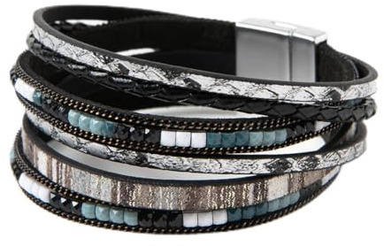 Rantanto Boho Braided Leather Wrap Bracelet Trendy Layered Cuff Bracelets Bohemian Stackable Fashion Bracelet Jewelry For Women (Boho Black)