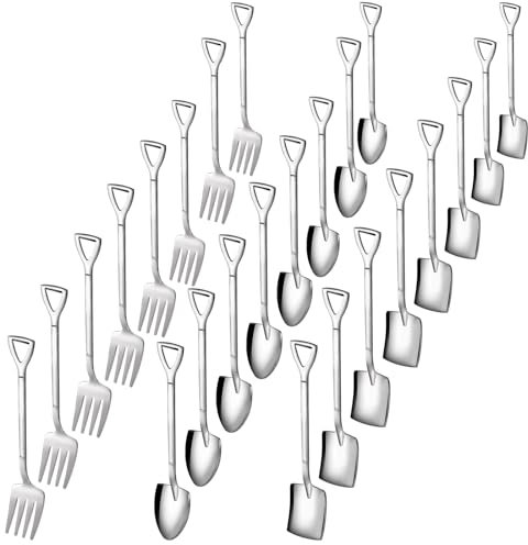 Suwimut 24 Pieces Mini Shovel Spoons and Forks Set for Desserts, Include 8 Shovel Shape 8 Pointed and 8 Stainless Steel Fork Ice Cream Spoons for Home Garden Party Kitchen Restaurant Bistro
