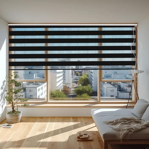 Verdunklungsrollo Klemmfix 55 x 350 cm Sichtschutz Sonnenschutz Seitenzugrollo Doppelrollo Thermorollo Inkl. Montagematerial für Fenster Und Tür, Schwarz