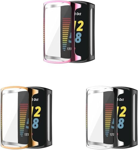 3 Pack Case Compatible with Fitbit Charge 6 with Screen Protector, Flexible TPU Shockproof Scratch Proof Cover Case for Fitbit Charge 5/Charge 6 Activity Tracker (Pink/Rose Gold/Silver)